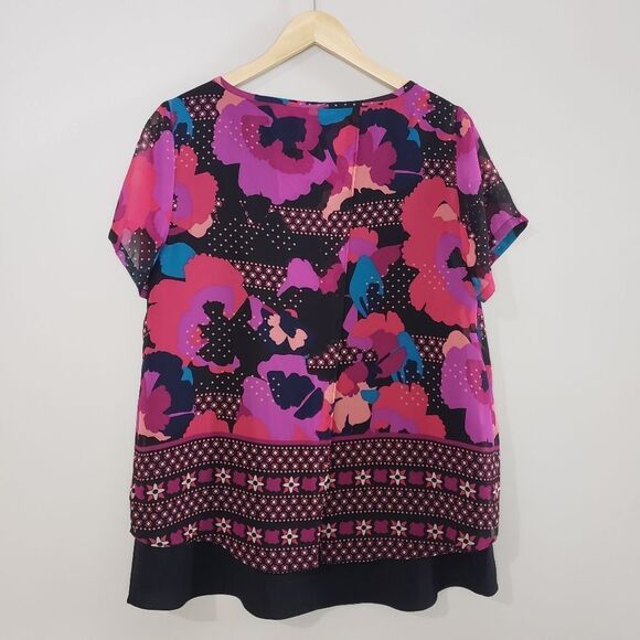 🦋3/$20 Dana Buchman Large Pink Purple Print Short Sleeve Layered Boxy Top - Picture 4 of 9